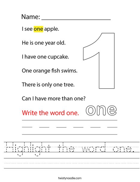 Highlight the word one. Worksheet