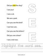 Highlight the word see Handwriting Sheet