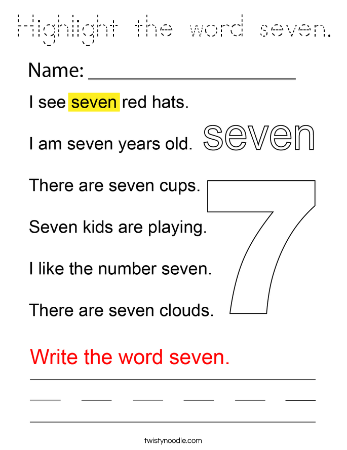 Highlight the word seven. Coloring Page