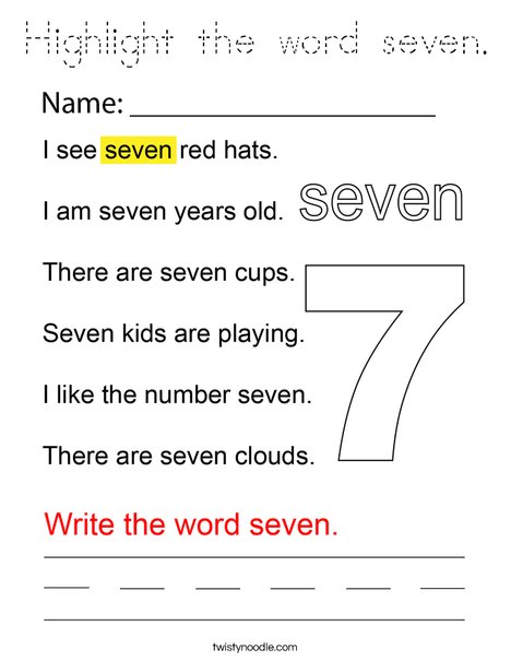 Highlight the word seven. Coloring Page