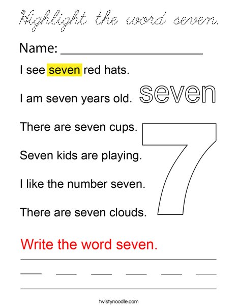 Highlight the word seven. Coloring Page