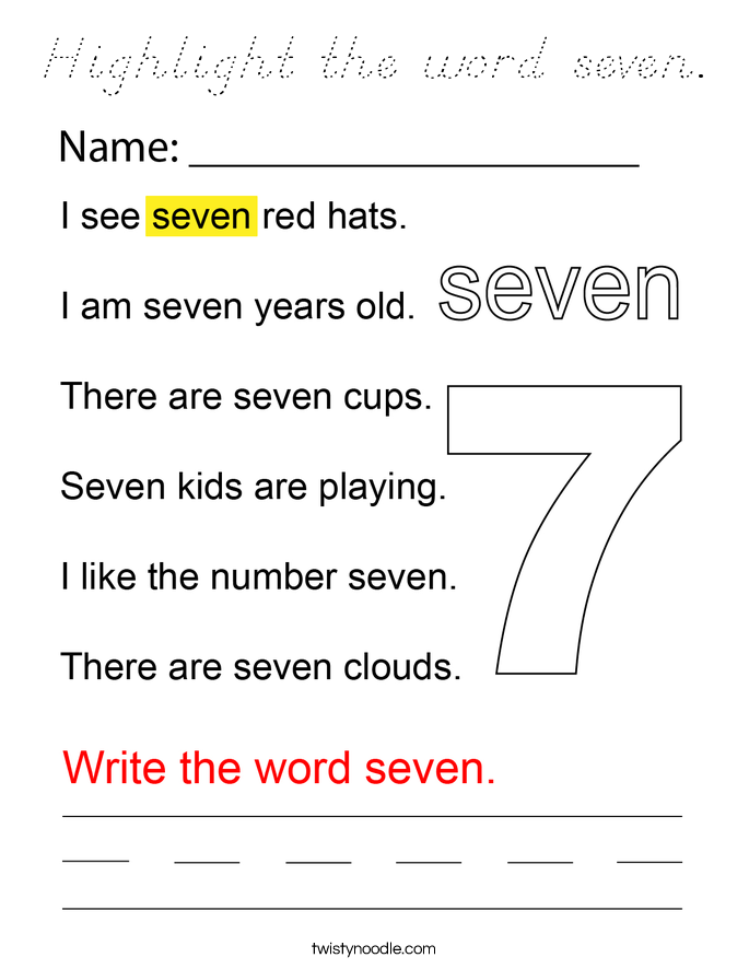 Highlight the word seven. Coloring Page