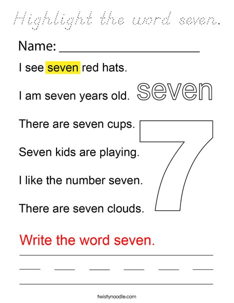 Highlight the word seven. Coloring Page