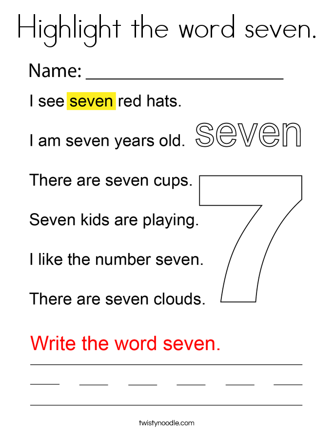 Highlight the word seven. Coloring Page