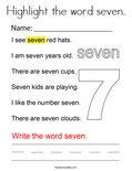 Highlight the word seven. Coloring Page
