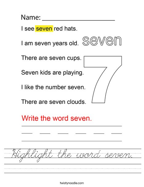 Highlight the word seven. Worksheet