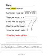 Highlight the word seven Handwriting Sheet