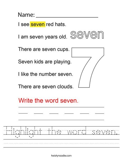 Highlight the word seven. Worksheet