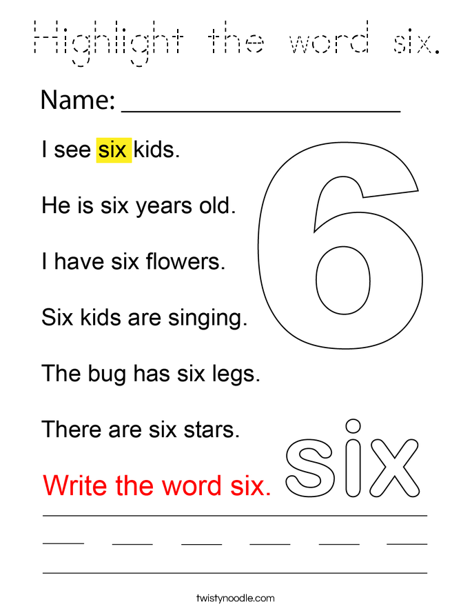 Highlight the word six. Coloring Page