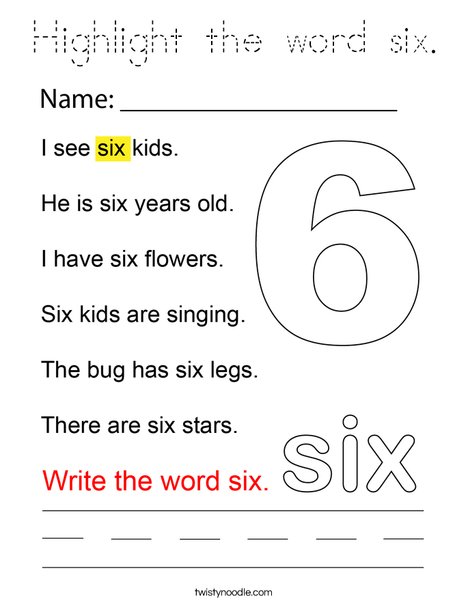 Highlight the word six. Coloring Page