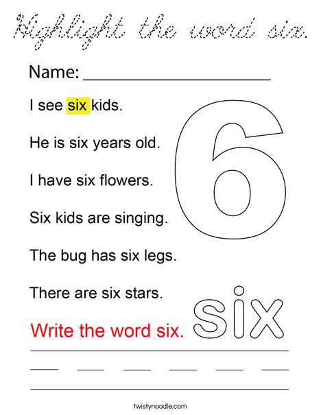 Highlight the word six. Coloring Page