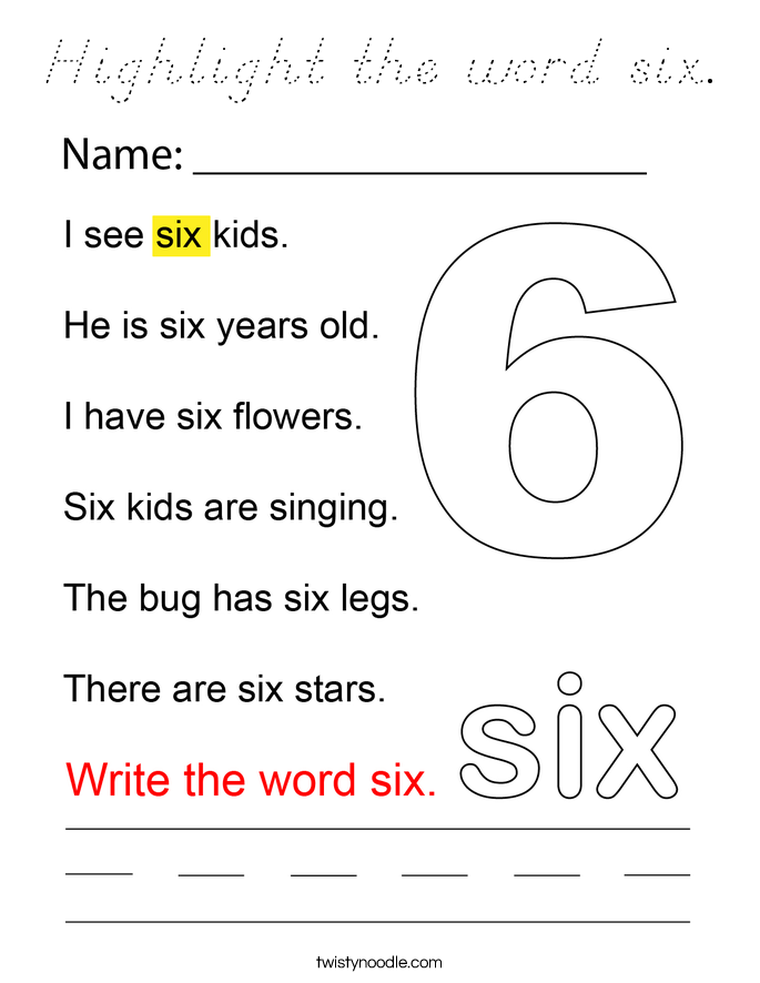 Highlight the word six. Coloring Page