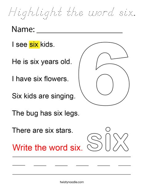 Highlight the word six. Coloring Page