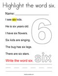 Highlight the word six. Coloring Page