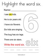 Highlight the word six Coloring Page