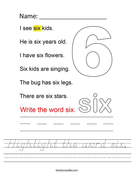 Highlight the word six. Worksheet