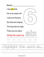 Highlight the word six Handwriting Sheet
