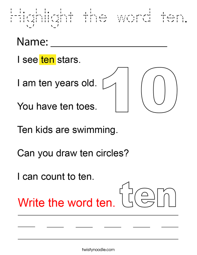 Highlight the word ten. Coloring Page