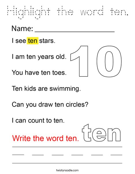 Highlight the word ten. Coloring Page
