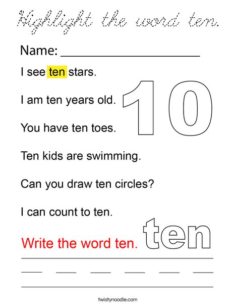 Highlight the word ten. Coloring Page
