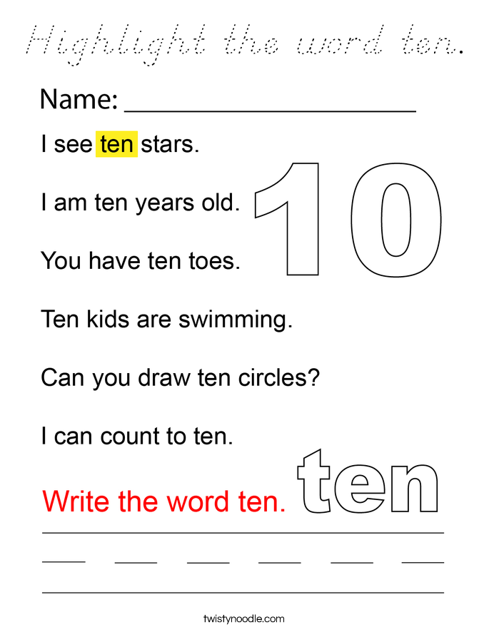 Highlight the word ten. Coloring Page