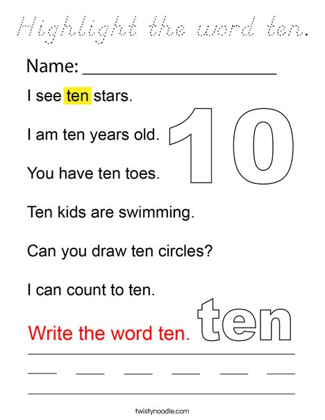 Highlight the word ten. Coloring Page