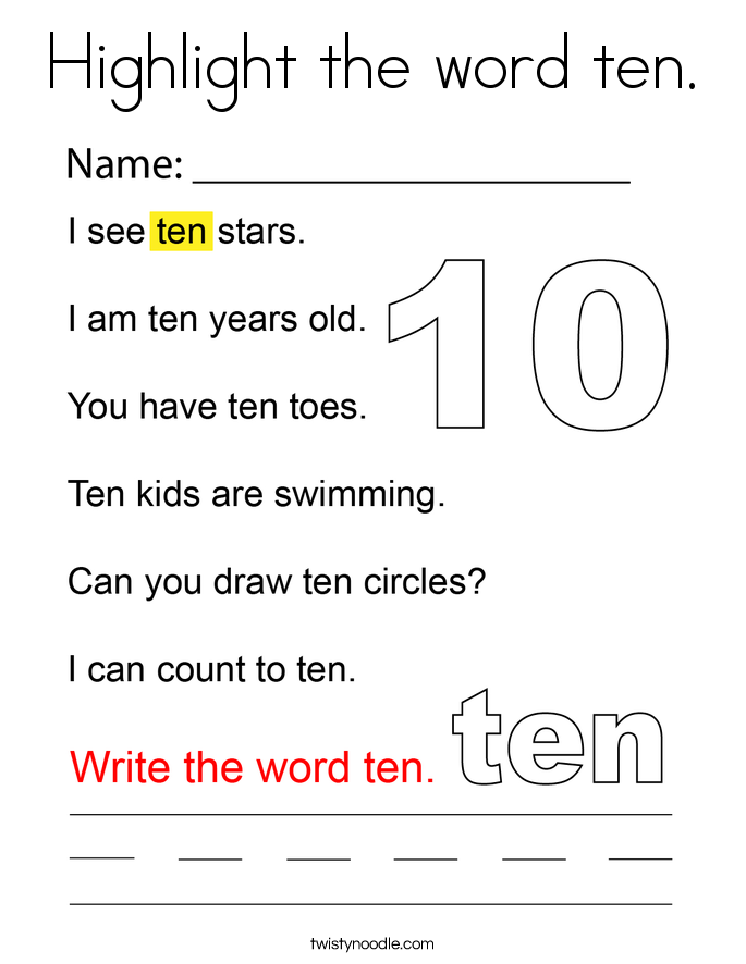 Highlight the word ten. Coloring Page