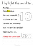 Highlight the word ten. Coloring Page
