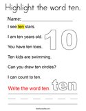Highlight the word ten Coloring Page