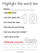 Highlight the word ten Coloring Page