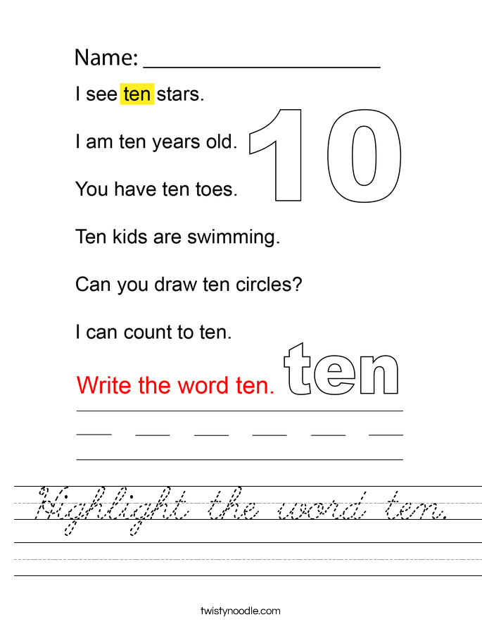 Highlight the word ten. Worksheet