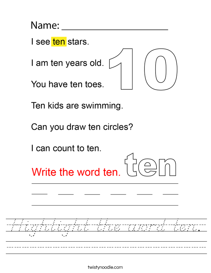 Highlight the word ten. Worksheet