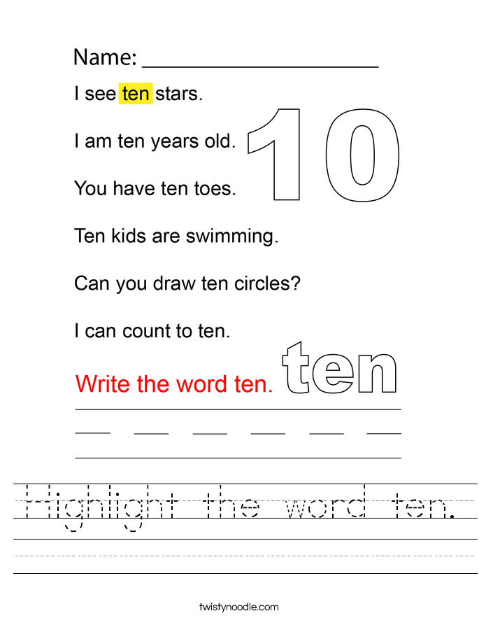 Highlight the word ten. Worksheet