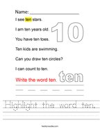 Highlight the word ten Handwriting Sheet