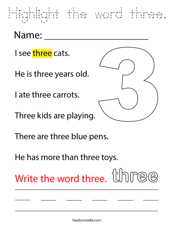 Highlight the word three. Coloring Page