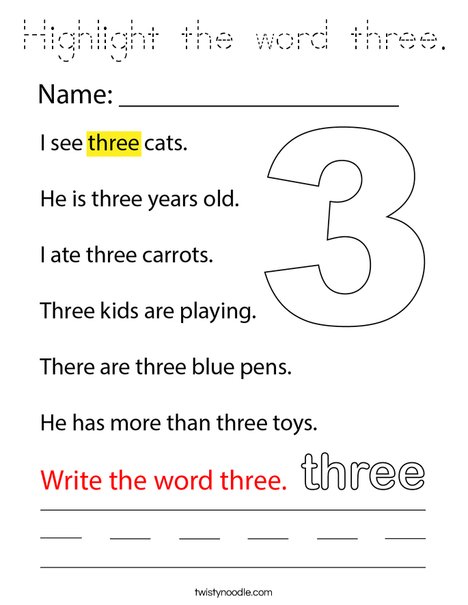 Highlight the word three. Coloring Page