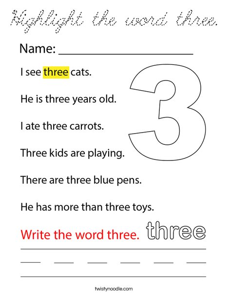 Highlight the word three. Coloring Page