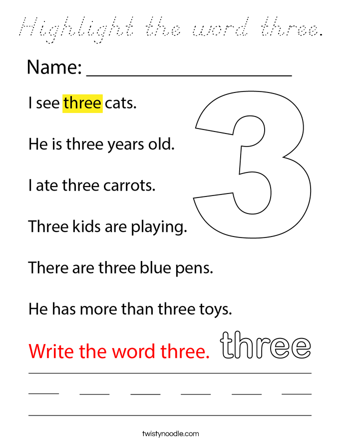 Highlight the word three. Coloring Page