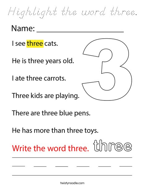 Highlight the word three. Coloring Page