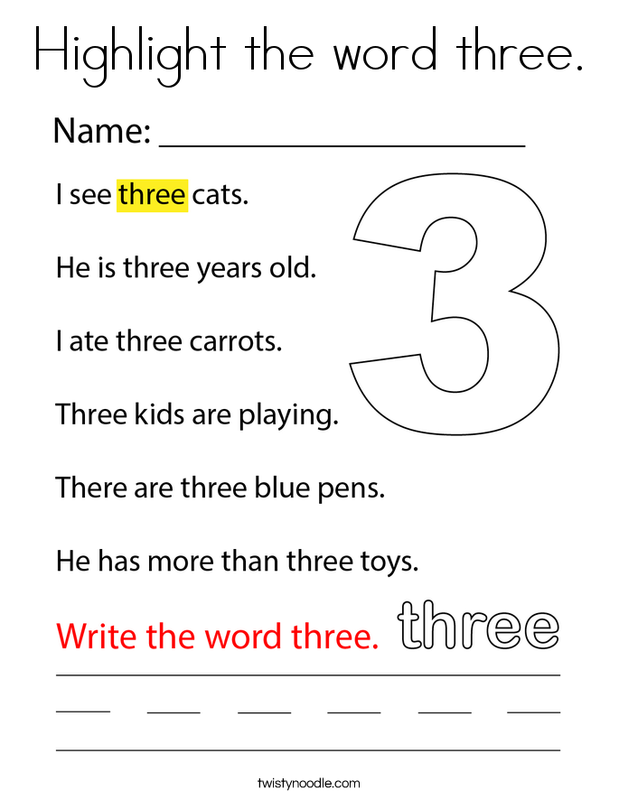 Highlight the word three. Coloring Page
