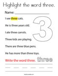 Highlight the word three. Coloring Page