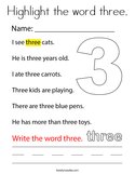 Highlight the word three Coloring Page