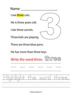 Highlight the word three Handwriting Sheet