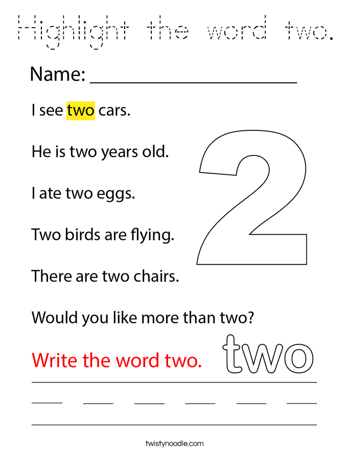 Highlight the word two. Coloring Page