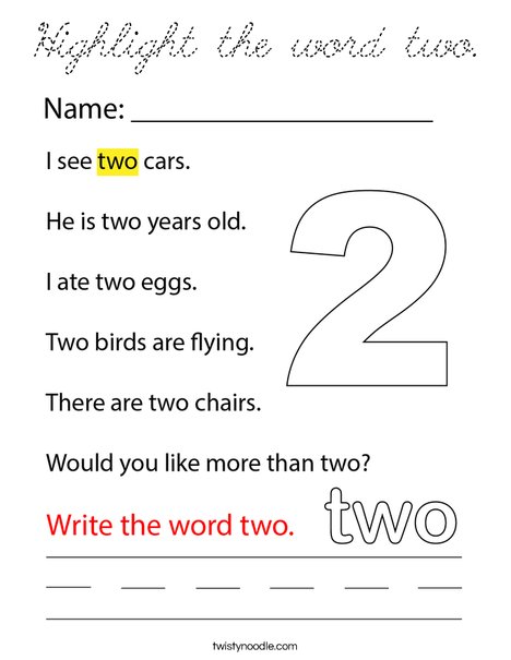 Highlight the word two. Coloring Page