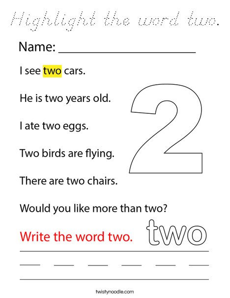 Highlight the word two. Coloring Page