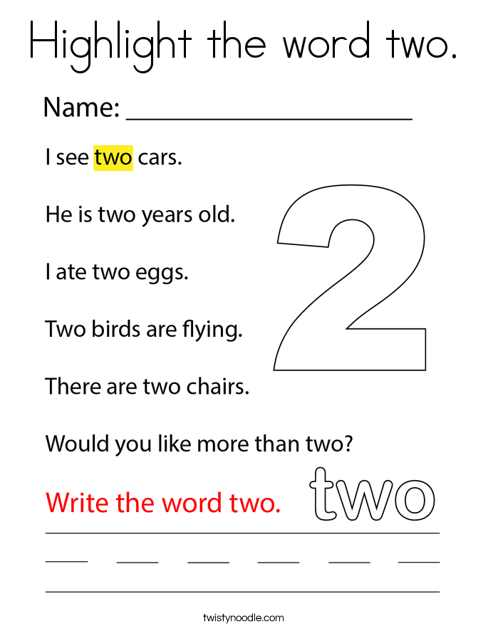 Highlight the word two. Coloring Page