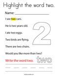 Highlight the word two. Coloring Page