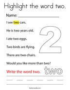Highlight the word two Coloring Page