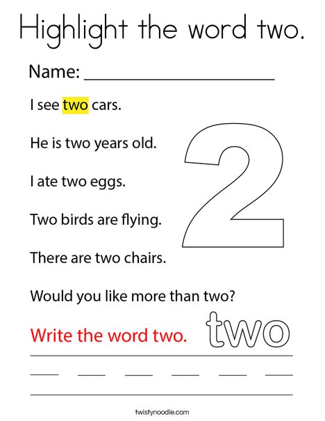 Highlight the word two. Coloring Page